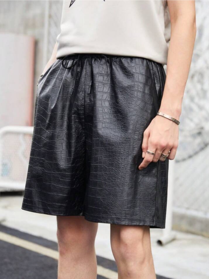 Streak Hawk Crocodile Embossed Drawstring Waist PU Leather Shorts